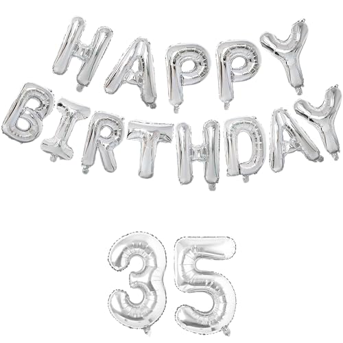 Image of Flyloons 35th Silver Colour Happy Birthday Foil Balloon Set for 35 Year Old Boys Girls Men Women|Number Thirty-five|13 Letters Reusable Happy Birthday Metallic Foil Balloons Decoration Kit, 15 Pieces