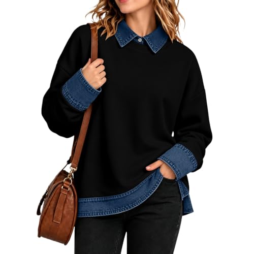 Womens Polo Shirts Denim Patchwork Button Collared Long Sleeve Tops - image 4
