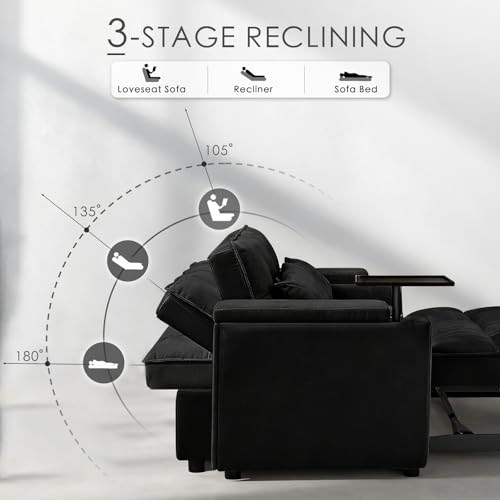 Image of Dreamzie 65'' 3 in 1 Convertible Sleeper Sofa Bed, Chenille Pull Out Couch for Living Room with 90 Swivel Side Table, Loveseat Sleeper with Charging Port | Side Pocket | Cup Holders, Black