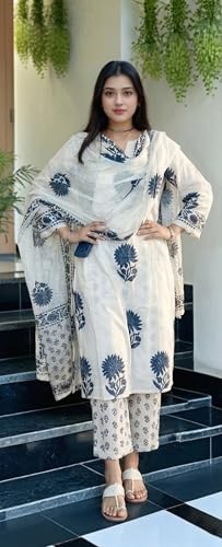 Image of GoSriKi Kurta Sets for Women Viscose Printed | Kurta Pant Dupatta Set | Straight Kurti Set | Round Neck V-Slit 3 /4 Sleeve Ethnic Outfit | Designer Indian Kurti Clothing with Pants