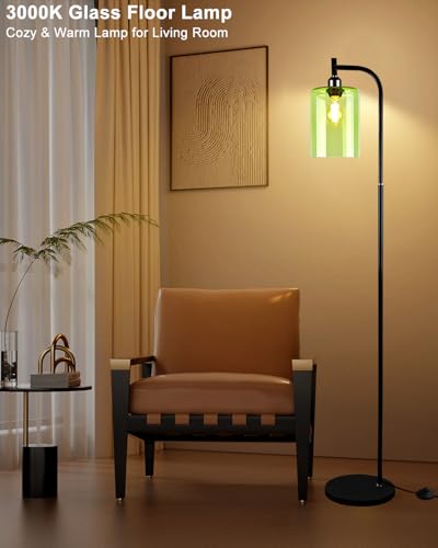 Image of Lightdot 64IN Glass Floor Lamp for Living Room, Modern Standing Lamps with Green Ribbed Glass Lampshade& Bulb Included, Industrial Floor Lamp for Bedroom /Sofa Beside /Corner Decor-Black
