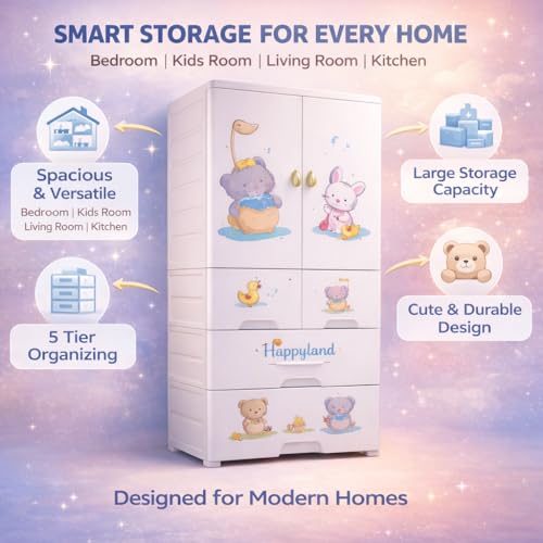 Image of AYSIS Kids Plastic Collapsible Wardrobe Organizer for Storage with Drawers | Cute Cartoon Design | Heavy Duty Cloth Organizer for Storage | Easy to Assemble | Perfect for Kids Room & Home | Elephant