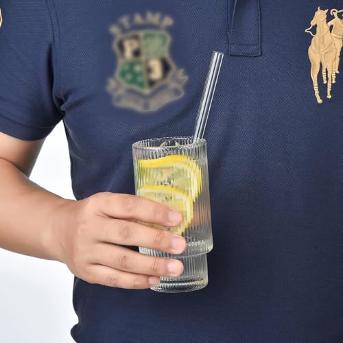 Image of 330ML Ribbed Glass Cup with Wooden Lid & Glass Straws Vintage Fluted Glassware Iced Coffee Cup, Coffee Bar Accessories for Whiskey Cocktail Beer Coffee Tea Tumbler 1Pcs