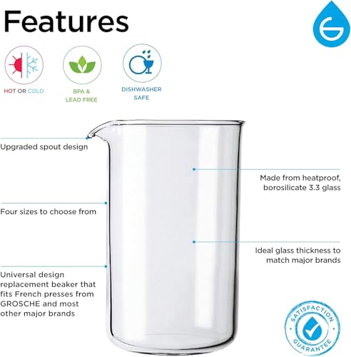 Image of GROSCHE Borosilicate 3.3 Glass Universal Replacement Beaker for French Press Coffee and Tea Makers - (34.oz - Medium)