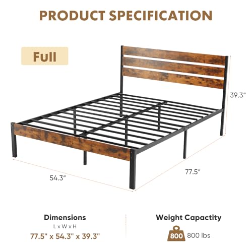 Image of NEWBULIG Full Size Bed Frame with Headboard, 800LBS Mattress Foundation with All Sturdy Metal Support, Under Bed Storage, No Box Spring Needed, Easy Assembly, Classic Rust Brown