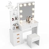 BPMIO Tocador de Maquillaje Blanco con Espejo y Taburete, 10 Luces LED...