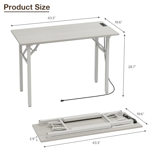 Image of TEMI Small Computer Desk Folding Table - No Assembly, Compact 43.3 inch Foldable Desk with Power Outlets & USB Charging Port, Portable Small Office Desk, Ideal Mini Study Table for Narrow Spaces,White Ash