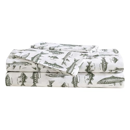 Image of Eddie Bauer - Full Sheet Set with Fitted Sheet & Pillowcases, 100% Cotton Percale Bedding, Crisp & Cool, Dorm Room Essentials, Wes Fish Green
