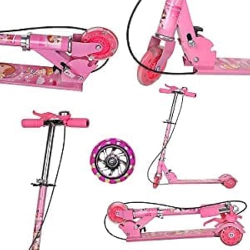 Image of Foldable Kick Skating Cycle LED Wheels | Kids 3 Wheel Kick Scooter with Adjustable Handlebar & Hight, Front Brake, Bell and Printed Deck | Skate Scooter for Kids Age 2-12 Years. (Pink)