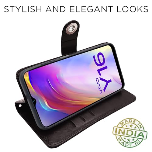 Image of Pikkme Vivo Y16 Flip Cover Leather Finish | Inside TPU with Card Pockets | Wallet Stand and Shock Proof | Complete Protection Button Flip Case (Coffee)