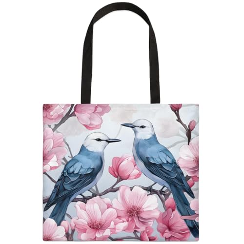 Mularoka Beautiful Branches Flowers Birds Square Canvas Tote Bag Top Handle Purses Stylish Women Canvas Shoulder Tote Bags Reusable Handbags for Work Travel Picnic Beach Shopping Gym Hiking