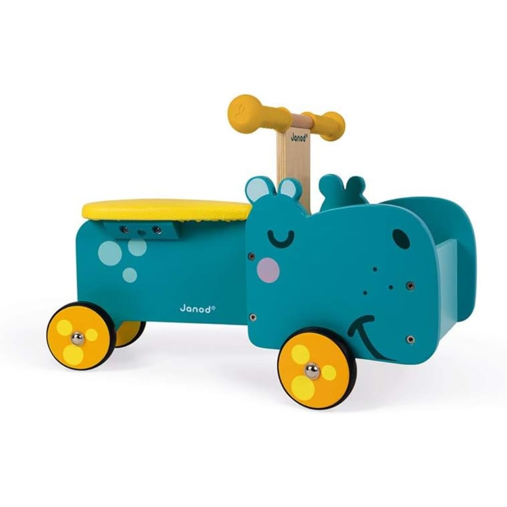Janod - Cavalcabile per Bambini in Legno Ippopotamo - Maniglie Ergonomiche e Ruote Silenziose - Scomparto per Riporre - Apprendimento dell'equilibrio - A Partire dall'anno, J08003, Blu e Giallo