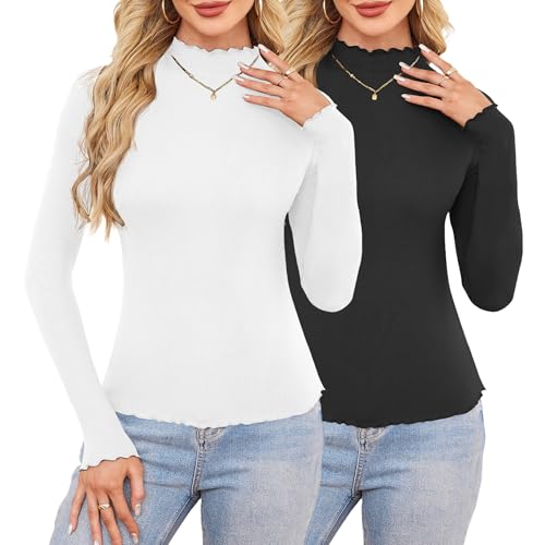 2 Pack Women's Long Sleeve Mock Turtleneck Fitted...