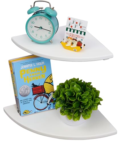 White Corner Shelf, Wall Mount 7inch Natural Oak Wood Floating Corner Wall Shelf Round End Small Corner Nightstand Plant Shelf for Bedroom, Kitchen, Living Room Set of 2…