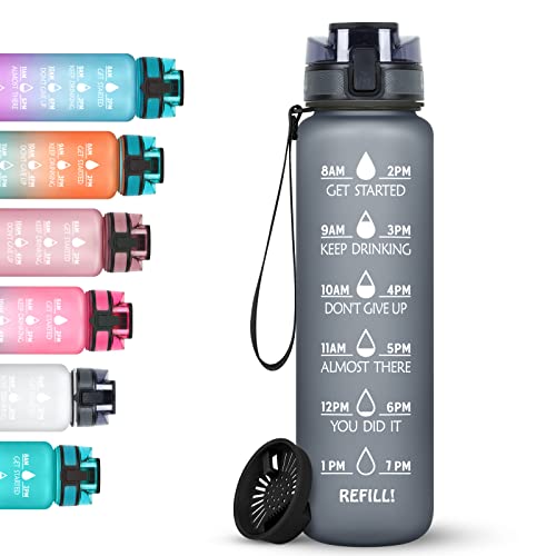 Upirt 32 Oz Water Bottles, Motivational Water Bottle With Time Marker, Leak Proof Tritan Sport Bottle With Fruit Strainer, Water Jug With Carrying Strap For Fitness Gym And Outdoors (Gray) #TOP2