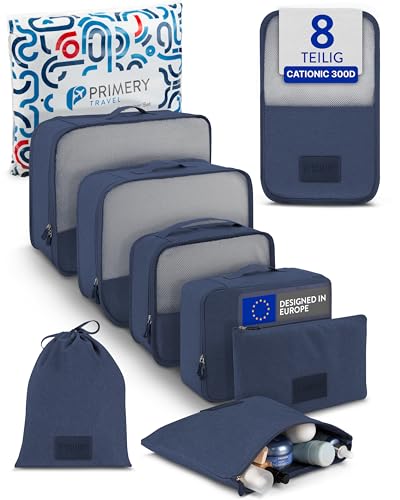 PRIMERY 8-teilige Packing Cubes Koffer Organizer (blau) - Packwürfel & Packtaschen für Urlaub & Reisen - Koffertaschen für Kleidung, Schuhe, Unterwäsche - Suitcase Reise & Travel Kleidertaschen