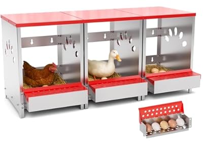 Chicken Nesting Boxes, 3 Hole Large Metal Hen Laying Box with Swing Perch and Roll Away Egg Collection, Wall Mountable with Vented Holes for Chickens Ducks Birds