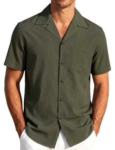 JEMITOP Men's Stretch Cuban Collar Lightweight Shirt Army Green L