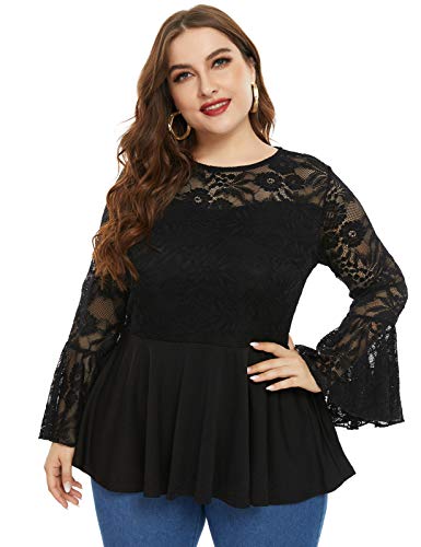 Women s Plus Size Crew Neck Lace Flounce Bell Sleeves Tunic Tops 20W Black
