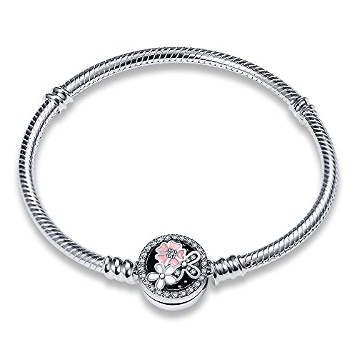 Image of 925 Sterling Silver Snake Chain Bracelets Fit Pandora Charms,Heart Clasp Bracelets Perfect For Any Glamour Gift for Women with 5 A Cubic Zirconia