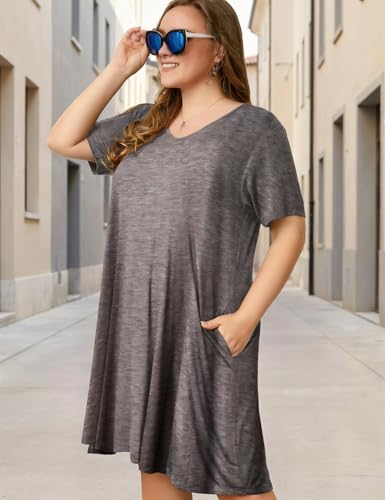 Image of OVERWORETY Womens Short Sleeve Plus Size T-Shirt Dress V Neck Casual Loose Swing A-Line Summer Tunic Dresses with Pockets
