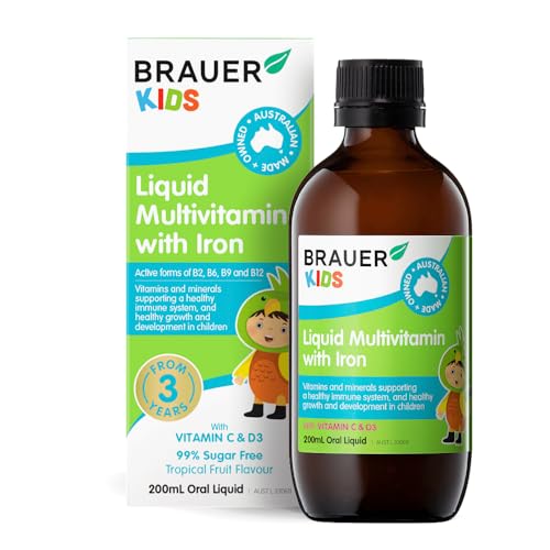 Brauer Kids Liquid Multivitamin with Iron 200mL – Children’s Daily Vitamin Supplement – Supports Immune System, Growth & Energy – With Vitamin C & D3 – 99% Sugar Free – Tropical Fruit Flavour – From 3 Years+