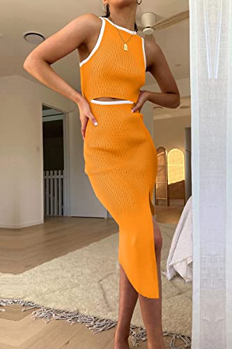 Image of PRETTYGARDEN Women's Summer Midi Bodycon Dresses Casual Crew Neck Side Slit Sleeveless Knit Cut Out Tank Top Dress