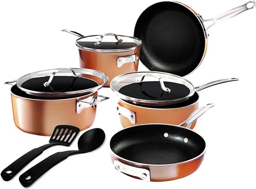 Comparison: Best Copper Cooking Pan Set 11 GOTHAM STEEL 10 Pc Copper Pots and Pans Set Non Stick Cookware Sets with Kitchen Utensils, Induction Ready, Non Toxic PFOA PFOS Free, Nesting Design for 50% Space Saving, Oven and Dishwasher Safe