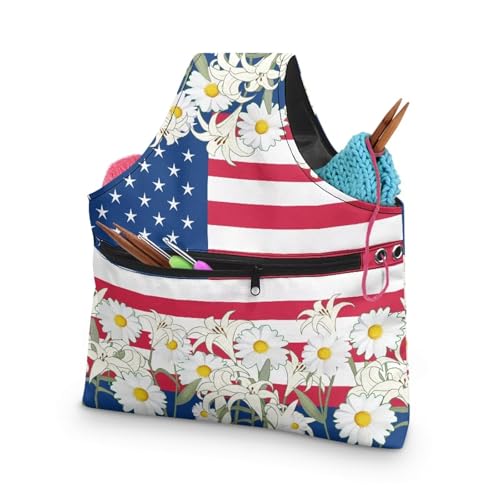 Image of KUIFORTI American Flag Yarn Bag Crochet Storage Bag Independence Day Yarn Bags for Crocheting on The Go Women Girls Anniversary Gifts for Crochet Accessories Size L