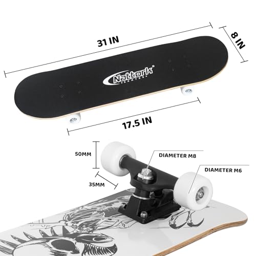 Image of Nattork 31 Inch Complete Skateboard, Standard Skateboards Gift for Beginners, Wood 9 Layer Canadian Maple Trick Skate Boards for Boys Girls Youth Teens Skull Eagle