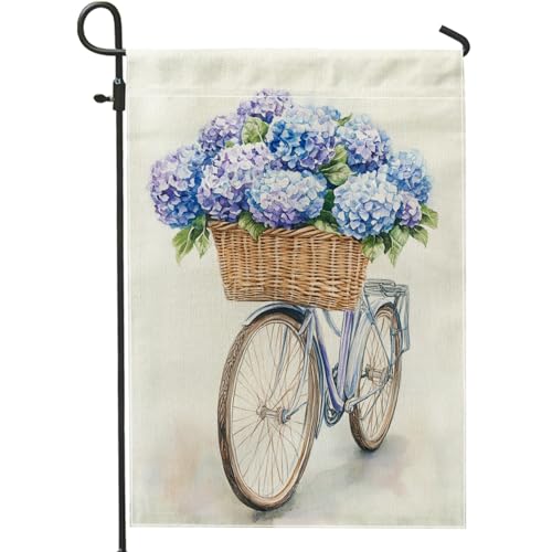 Bandera de jardín de hortensias para primavera y verano, cesta floral azul, decoración de patio, arpillera de doble cara, decoración de césped al aire libre, 12 x 18 pulgadas