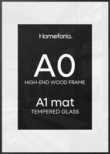 Image of Homeforia Black Wood A0 Frame, High End Oak 33.1 x 46.8 Black Wooden Poster Frames Matted to 23.4 by 33.1 inches Photo, A0 Size Large Wood Picture Frame with Mat A1, Tempered Glass, Wall Kit, Set of 2