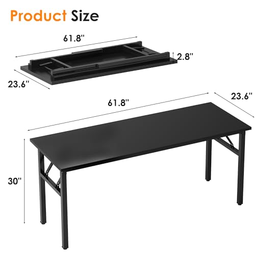Image of Need Folding Computer Desk, Large 62 inches Folding Table for Home Office, No Install Needed Foldable Writing Table Long Desk, Space-Saving, Black