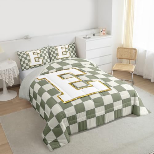 Image of Erosebridal Sage Green Checkered Bedding Set King Plaid Initial E Comforter Set for Kids Adults Personalized Monogram Down Comforter,Fashion Grids Gingham Quilt Duvet