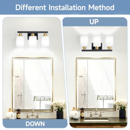 Image of Black and Gold Vanity Light,3-Light Bathroom Light Fixtures,17 inch | Modern Bathroom Light Fixtures with Square Frosted Glass,Wall Sconces Lighting fixtures Over Mirror Restroom, Living Room
