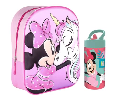 MARUKATSU Minnie Mouse Mochila Infantil y Botella escolar. Pack Diseño Colorido | Mochila Escolar 31x25x10cm Niño Niña de 3 a 8 Años | Material Escolar Vuelta al Cole