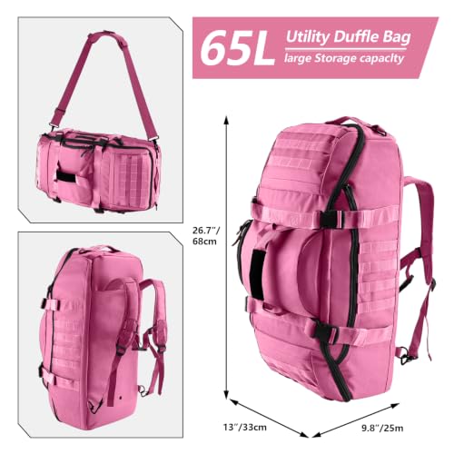 Image of Hannibal Tactical 65L Large Duffle Bag, 3-in-1 Tactical Backpack MOLLE Pack for Sports, Gym, Outdoor, Pink