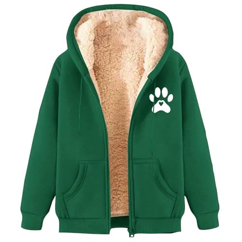 Generisch Winter-Fleece-Jacke für Damen, Durchgehender Reißverschluss, Kapuzen-Sweatshirt, Outdoor, warme Damenmäntel, Übergröße, Hundepfoten-Druck, lässige Oberbekleidung, dunkelgrün, M