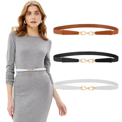 3 PCS Cinturon Elastico mujer, 80*2.4cm Cinturon Mujer Ancho con Hebilla de Metal, Cinturon Mujer Elástico Ajustable Vintage de Cintura Gruesa, Cainturón Elástico de Moda para Camisa, Vestidos