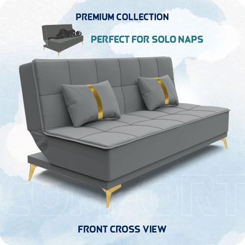 Image of Adorn India Premium New Alyssum 3 Seater Sofa Cum Bed 4X6 Velvet Suede with 2 Cushions (Color Grey) and Suitable for All Indoor, with 3 Years Warranty