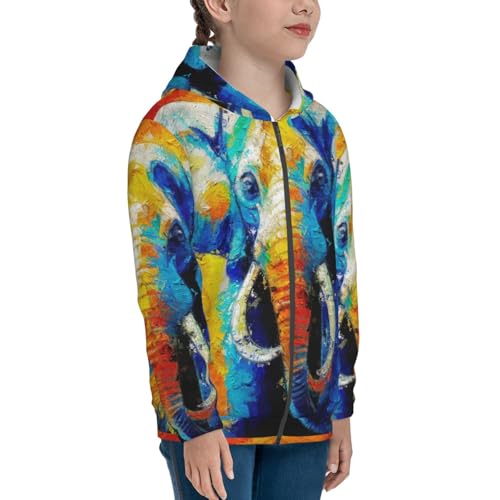 Oil Painting Elephant Kids Pullover Hoodies Boys Zip Up Sweatshirts Girls Athletic Clothes with Pocket4