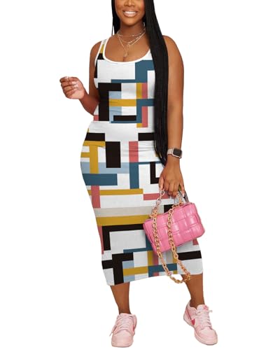 Image of Women Casual Summer Tank Top Dress Ribbed Bodycon Midi Sleeveless Sundress Sundress Basic Slim Fitted Pencil Dresses