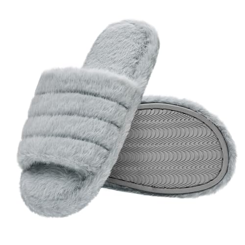 ZOORON Women's Fuzzy Slippers with Memory Foam Comfy Faux Fur Anti-Skid Sole Slippers for Women Bedroom House Shoes Open Toe Grey(11-12)