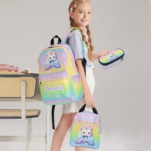 Personalized Backpack for School, Girls Kids Teen Name Bookbag Elementary School Backpack Set with Lunch Box and Pencil Case, Travel Backpack Waterproof Lightweight 16.8”,Letter-themed2