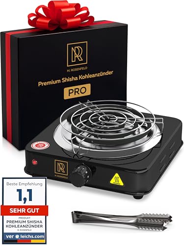 M. ROSENFELD Shisha Kohleanzünder für Shisha Kohle - Elektrischer Kohleanzünder BLACK HEAT 1000W + Shisha Zubehör Set Edelstahl Kohle Gitter & Shisha Zange Kohlegrill Shisha 150cm Kabel (Schwarz PRO)