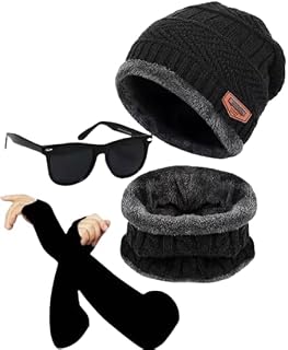 Winter Knit Beanie Hat with Neck Warmer Set, Black and Grey Fleece Lined, Warm Thermal Scarf Cap for Men and Women Giffema... Price In India