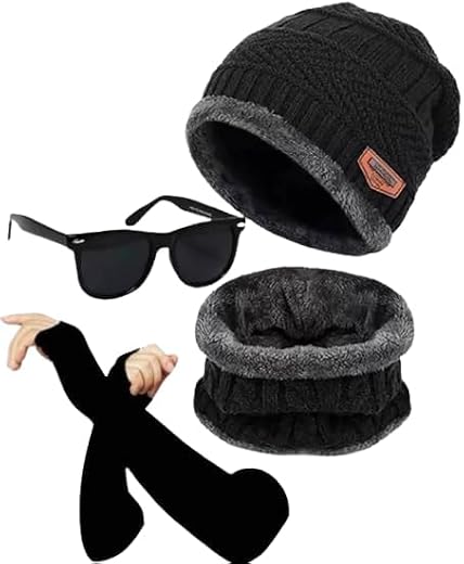 Winter Knit Beanie Hat with Neck Warmer Set, Black and Grey Fleece Lined, Warm Thermal Scarf Cap for Men and Women Giffema...