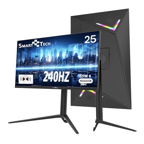 Smart Tech Gaming Monitor 25 Zoll, Full HD-Auflösung(1920x1080), Monitor 240Hz, USB-C 65W, Mit Zwei Lautsprechern, 1ms MPRT, FreeSync, Type-C, Höhenverstellbar, Drehbarer, HDMI DP, Schwarz