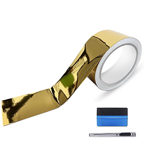 Image of LZLRUN 1FT x 5FT Chrome Mirror Vinyl Wrap Adhesive Car Sticker Decal Film (Gold, 2 Inches x 30 FT)