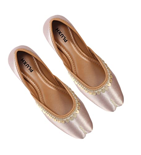 Image of Pluxh Women's Ethnic Jutti Shoes | Shiny Finish Mojari with Sequin Border | Soft Cushioned Slip-On Flats for Casual